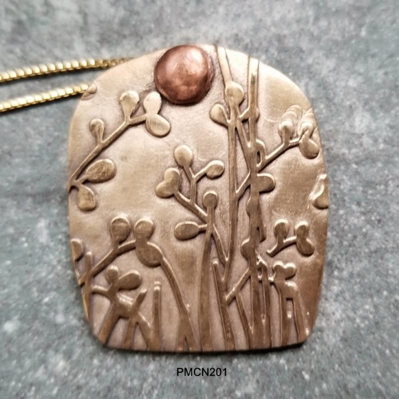 Hand-embroidered Moonlit Meadow Pendant – Bronze Rectangle  Handcrafted Bronze Garden PMC Pendant Necklace